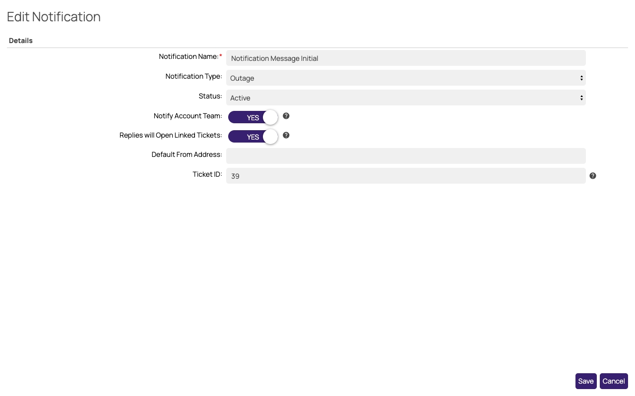 Edit Notification form for a notification with a linked ticket