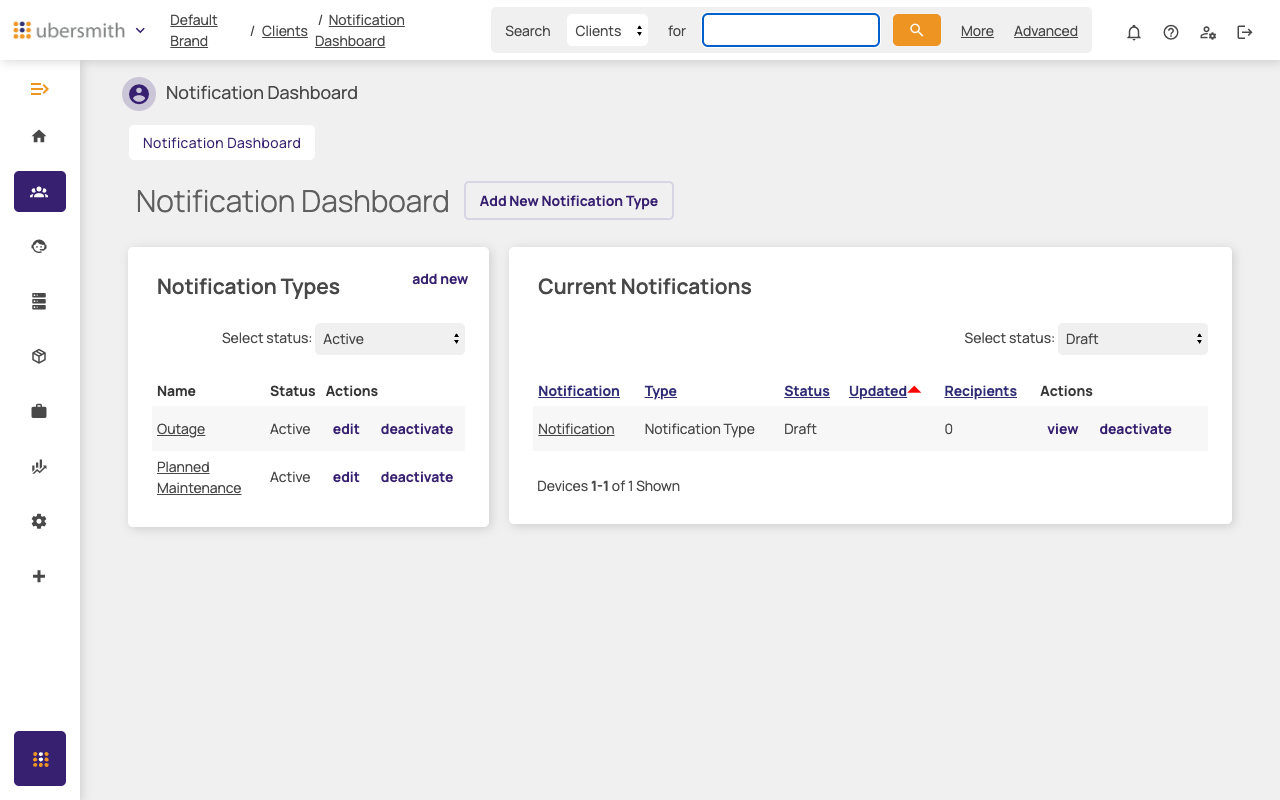 Notification Dashboard with Notification Types and Current Notifications panels