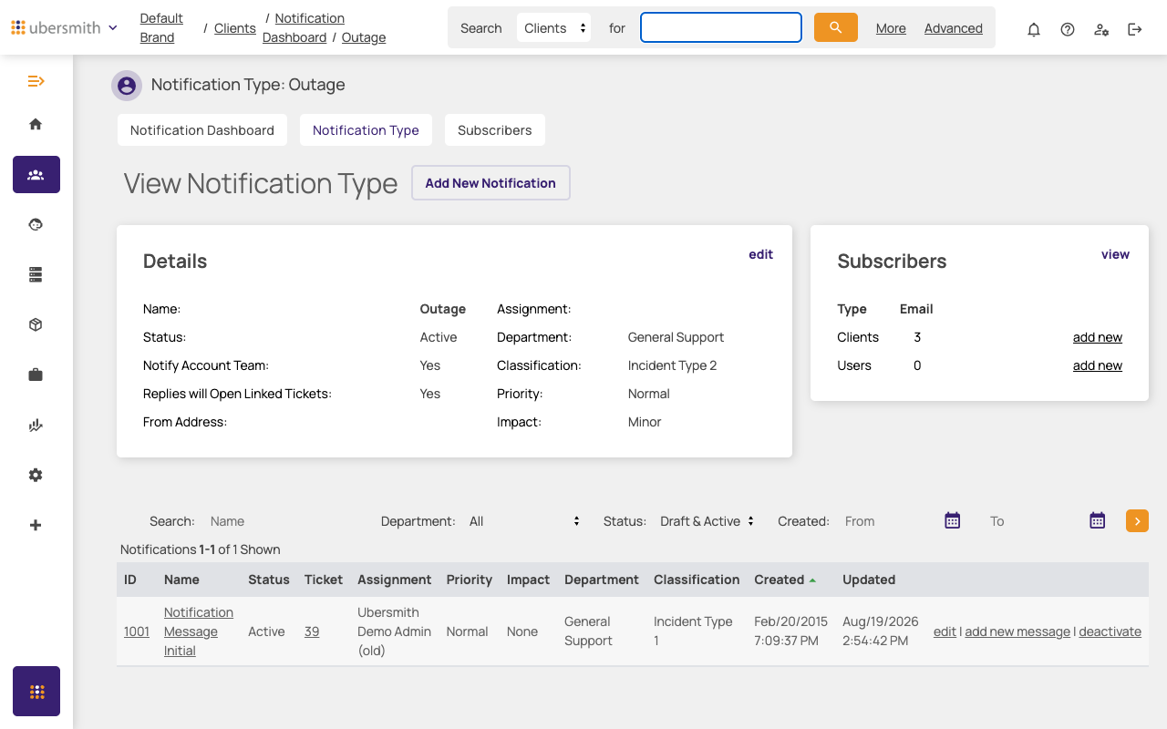View Notification Type page with Details, Subscribers, and notification list
