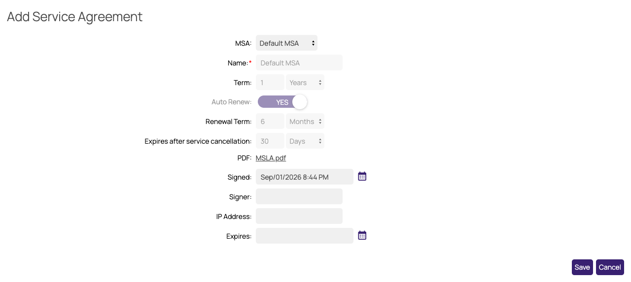 Add Service Agreement form for a client, using the default MSA