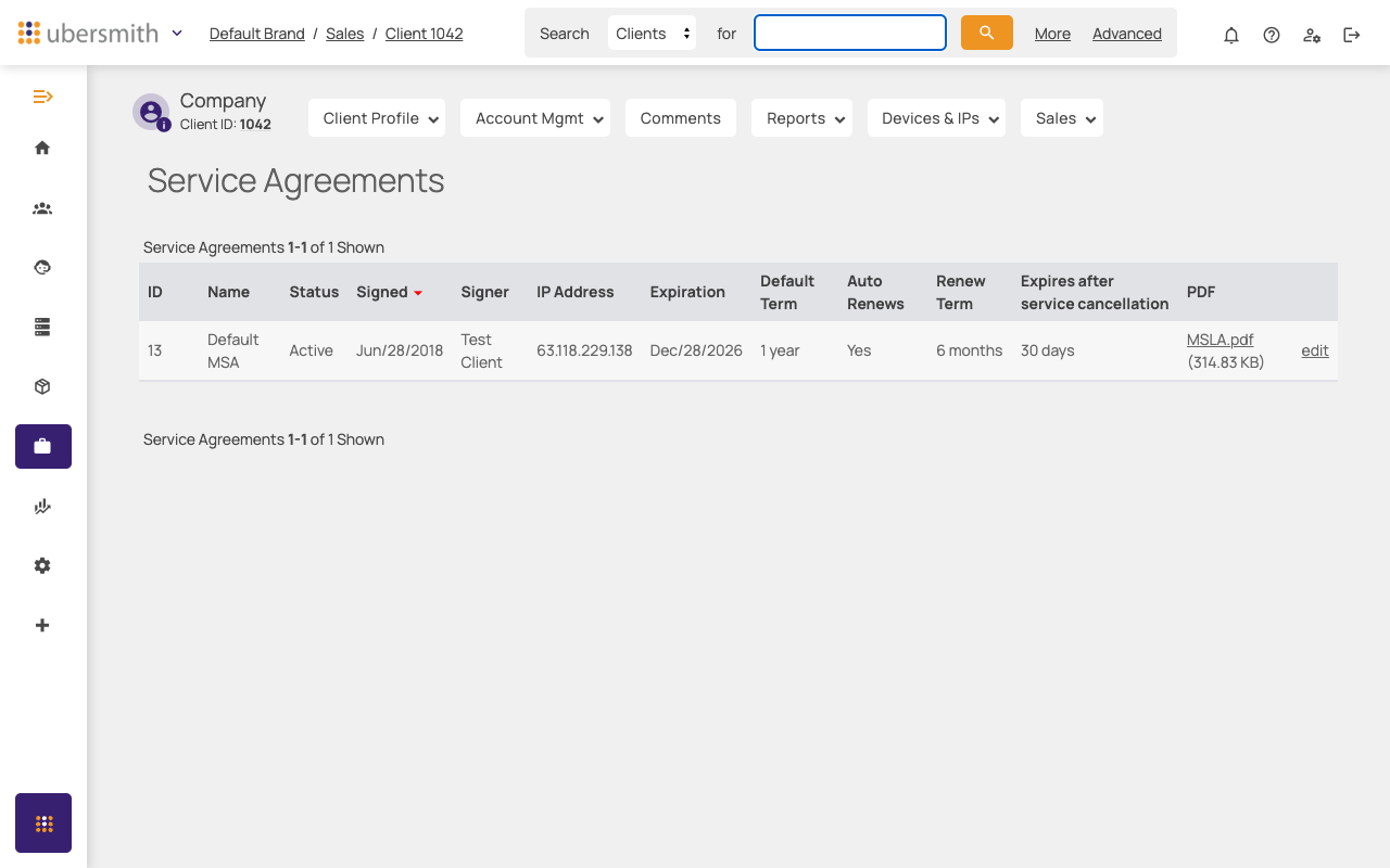 Client Service Agreements list showing one signed MSA