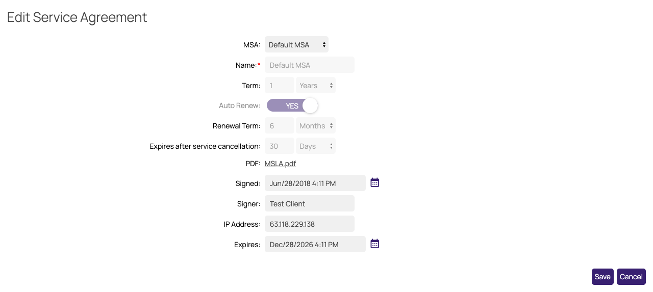 Edit Service Agreement form for a client's existing MSA