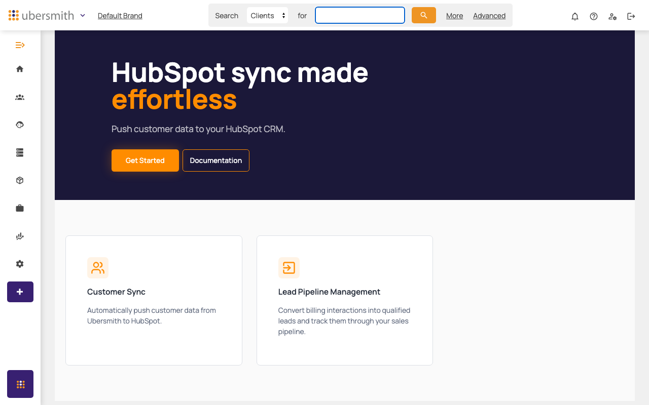 HubSpot Exporter add-on landing page, with Get Started and Documentation buttons