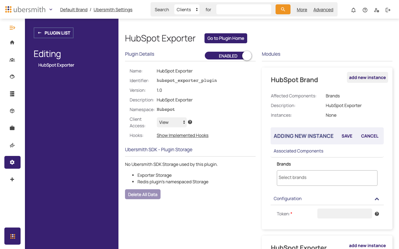 Adding a new HubSpot Brand instance, with brand selection and the Token field
