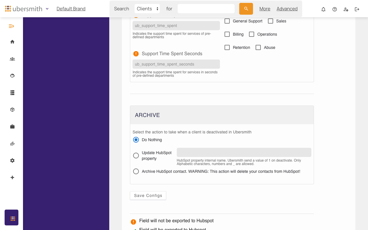 Archive section of the Configs tab, with Do Nothing, Update HubSpot property, and Archive options