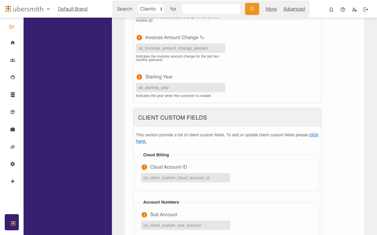 Client Custom Fields section of the Configs tab, grouped by custom field group