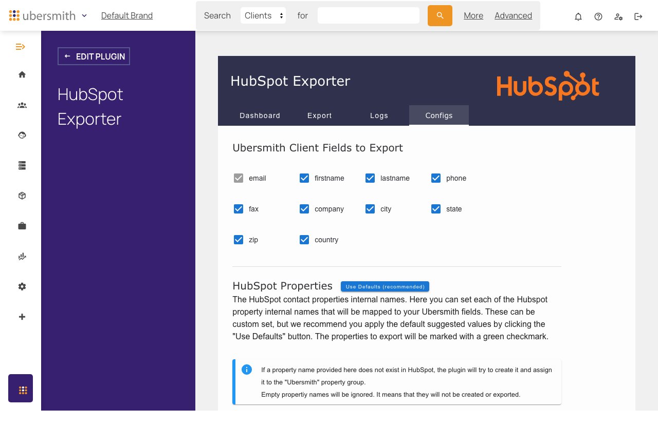 Ubersmith Client Fields to Export checkboxes on the Configs tab