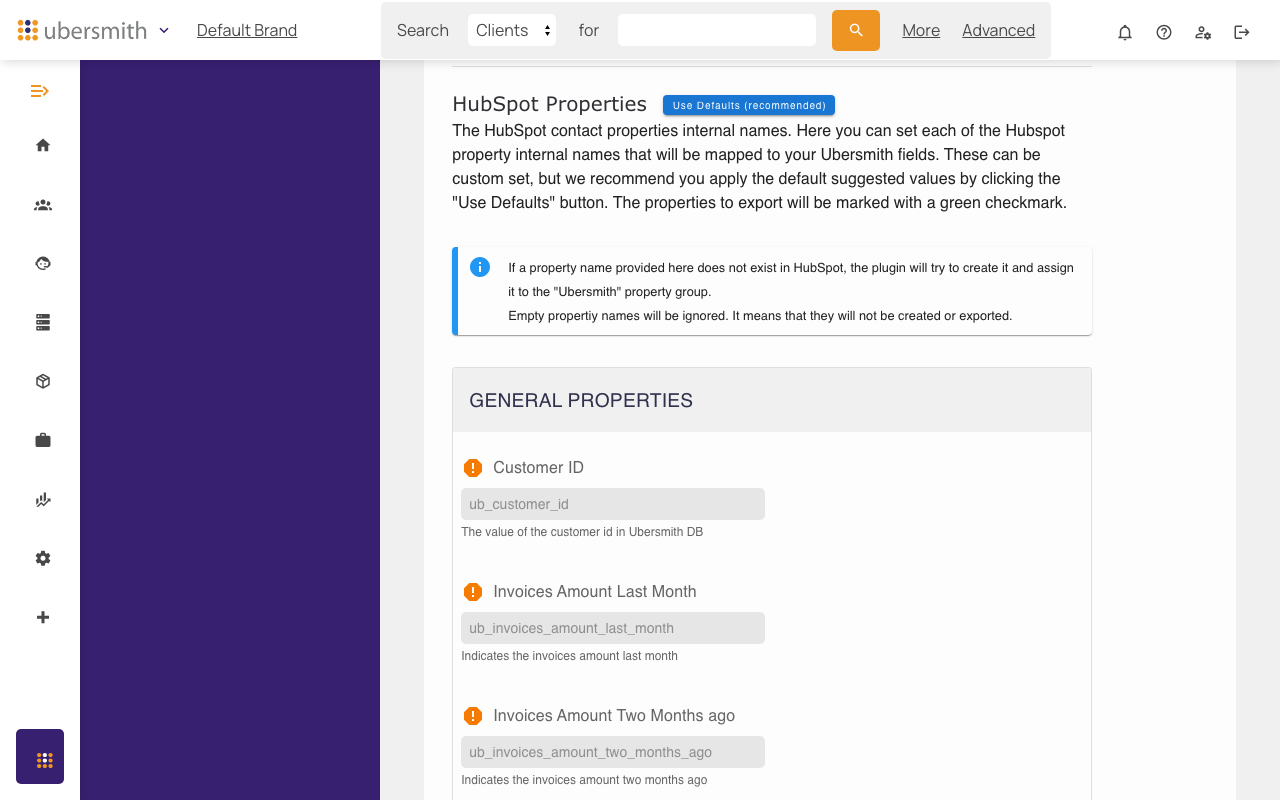 HubSpot Properties section of the Configs tab, listing General Properties like Customer ID and Invoices Amount Last Month