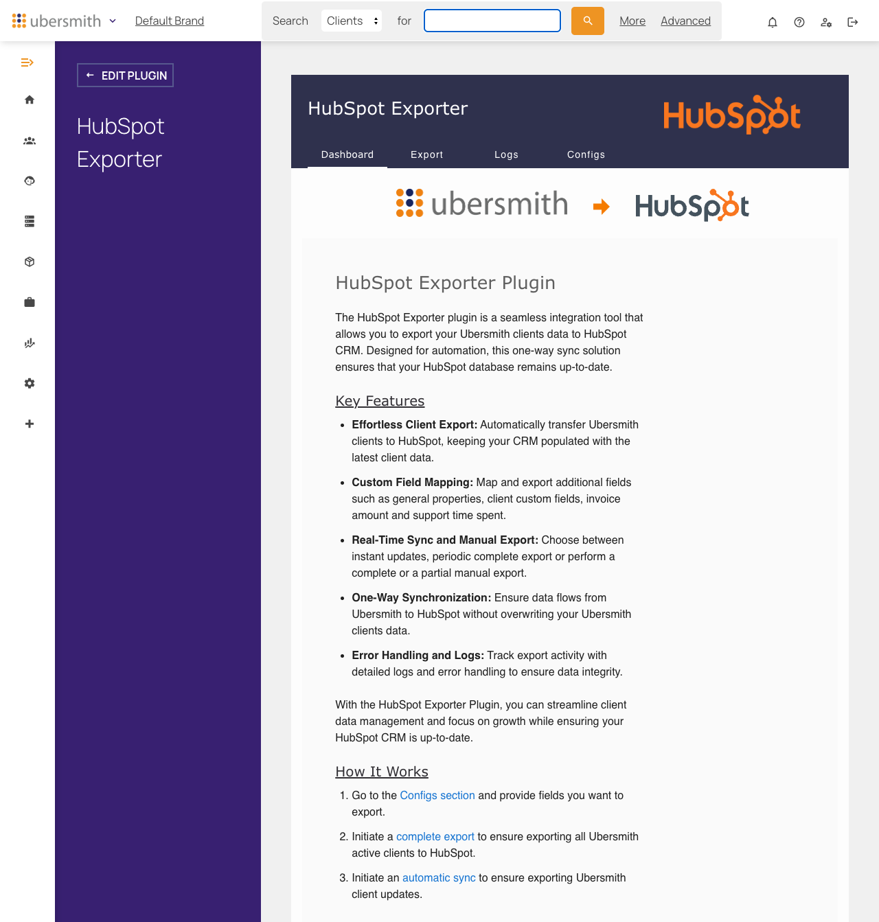 HubSpot Exporter plugin dashboard, showing the plugin overview and key features