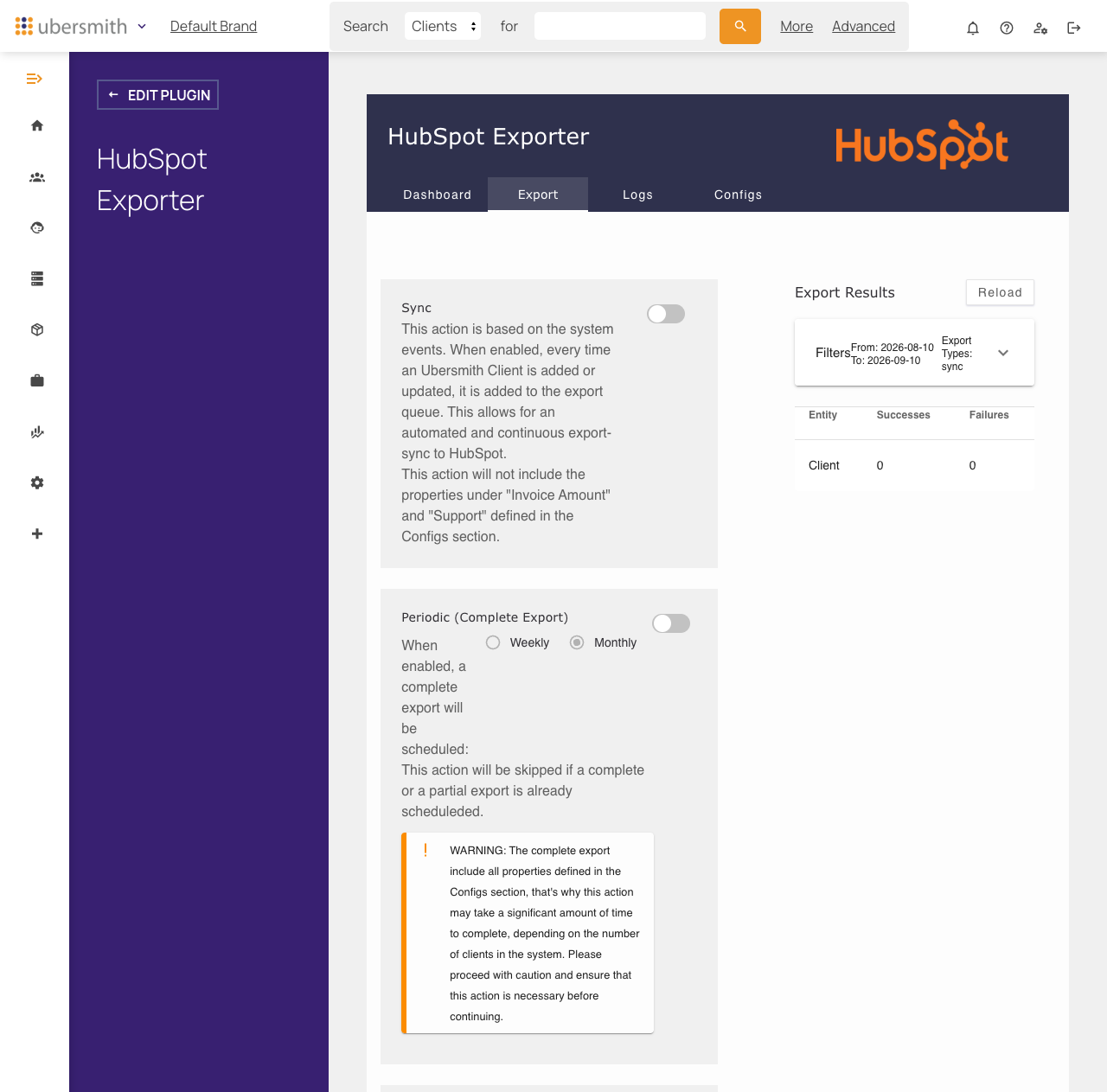 Export tab showing the Sync toggle and Periodic (Complete Export) options