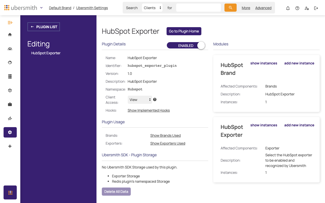 HubSpot Exporter plugin edit page with both a Brand instance and an Exporter instance configured