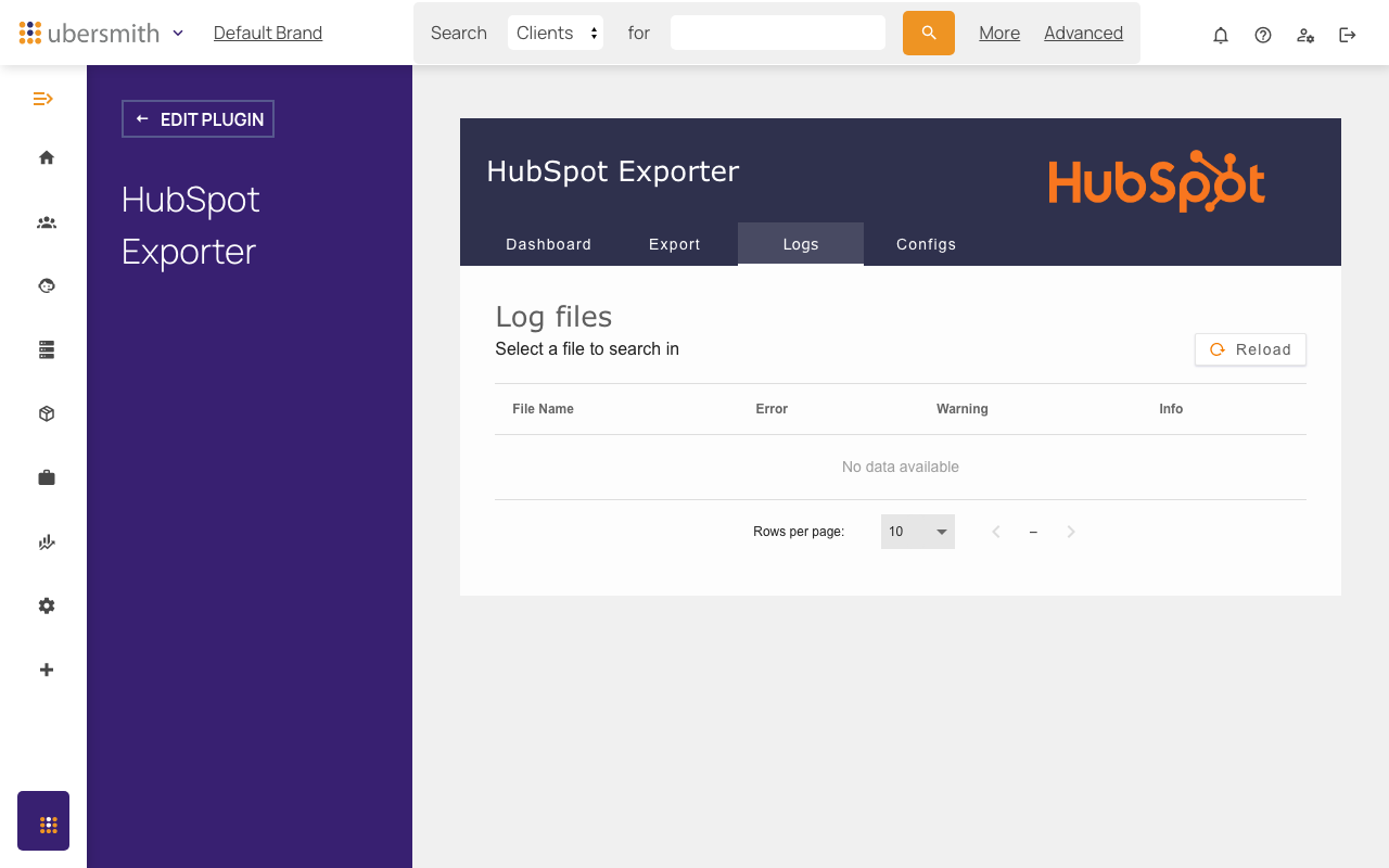 Logs tab, listing log files with Error, Warning, and Info counts