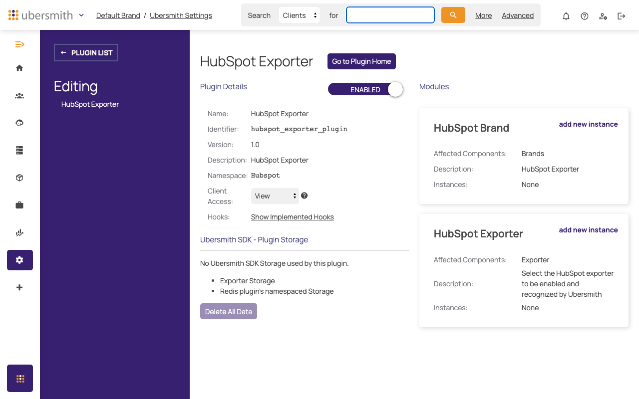HubSpot Exporter plugin edit page, enabled, showing the HubSpot Brand and HubSpot Exporter modules