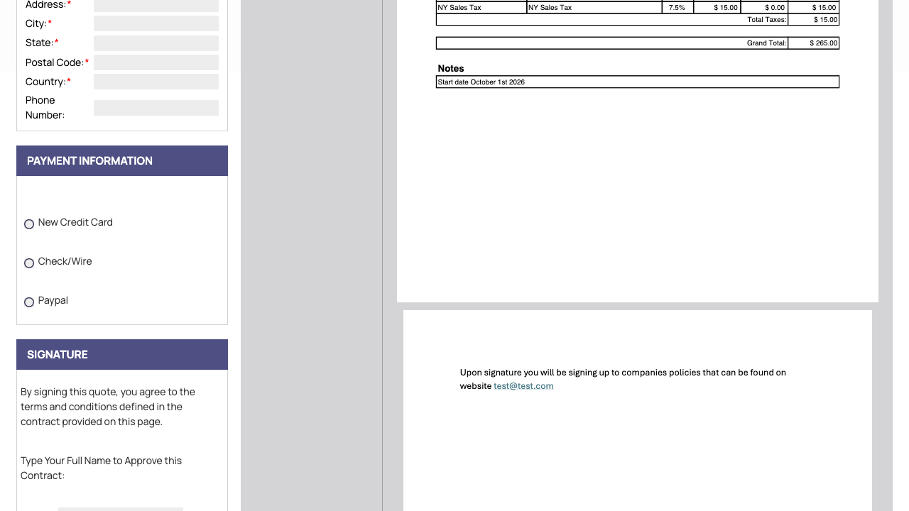 The Payment Information and Signature panels below the Contact Information form