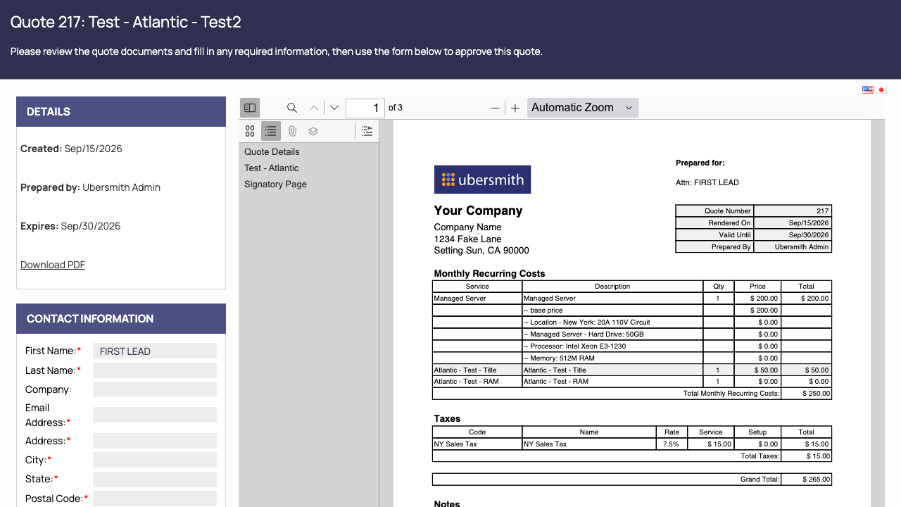 The quote-signing page's Details and Contact Information panels, next to the quote document viewer