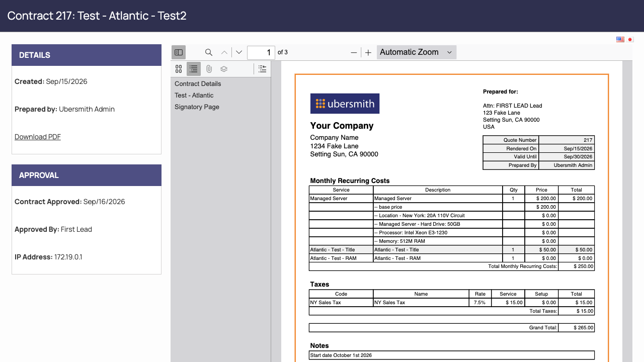 The signed Contract view, with the Approval panel showing signing date, signer, and IP address