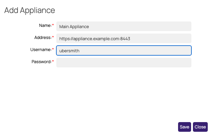 The Add Appliance window with example values