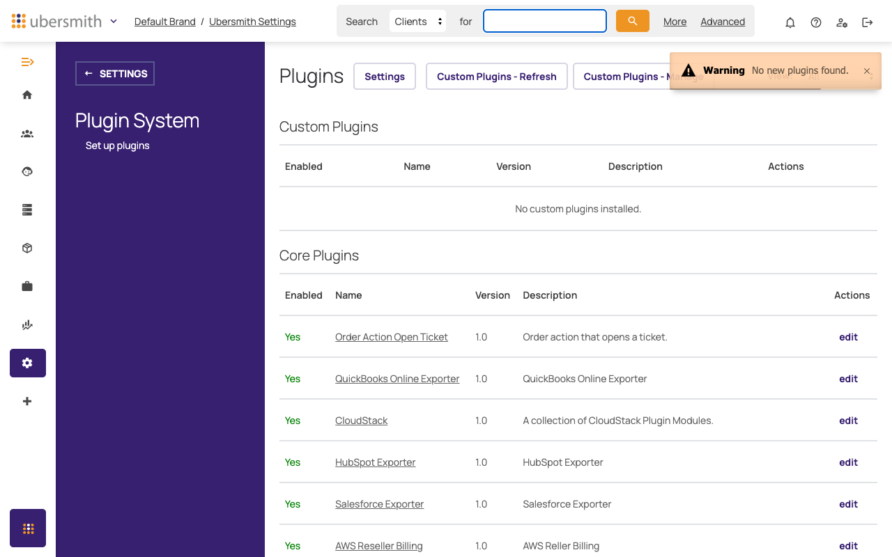 Plugins page with the No new plugins found message