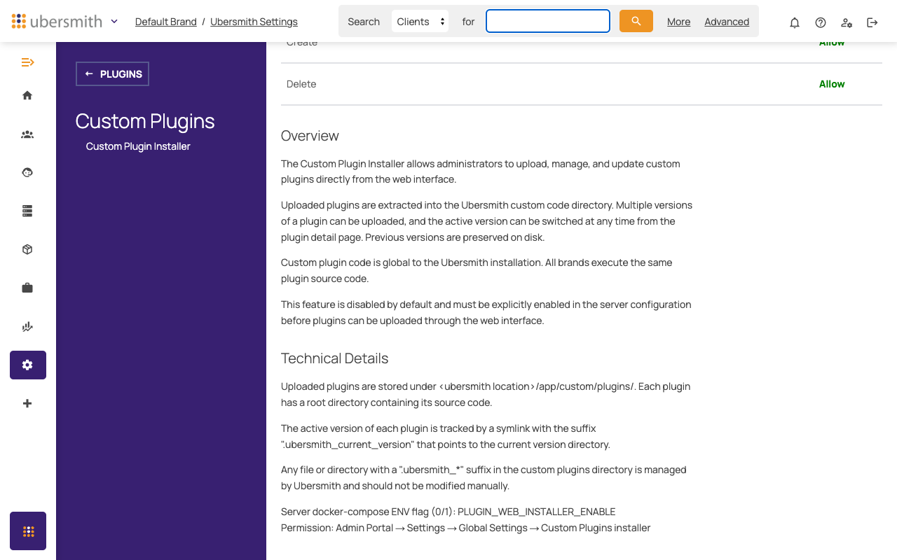 Overview and Technical Details sections of the Custom Plugin Installer page