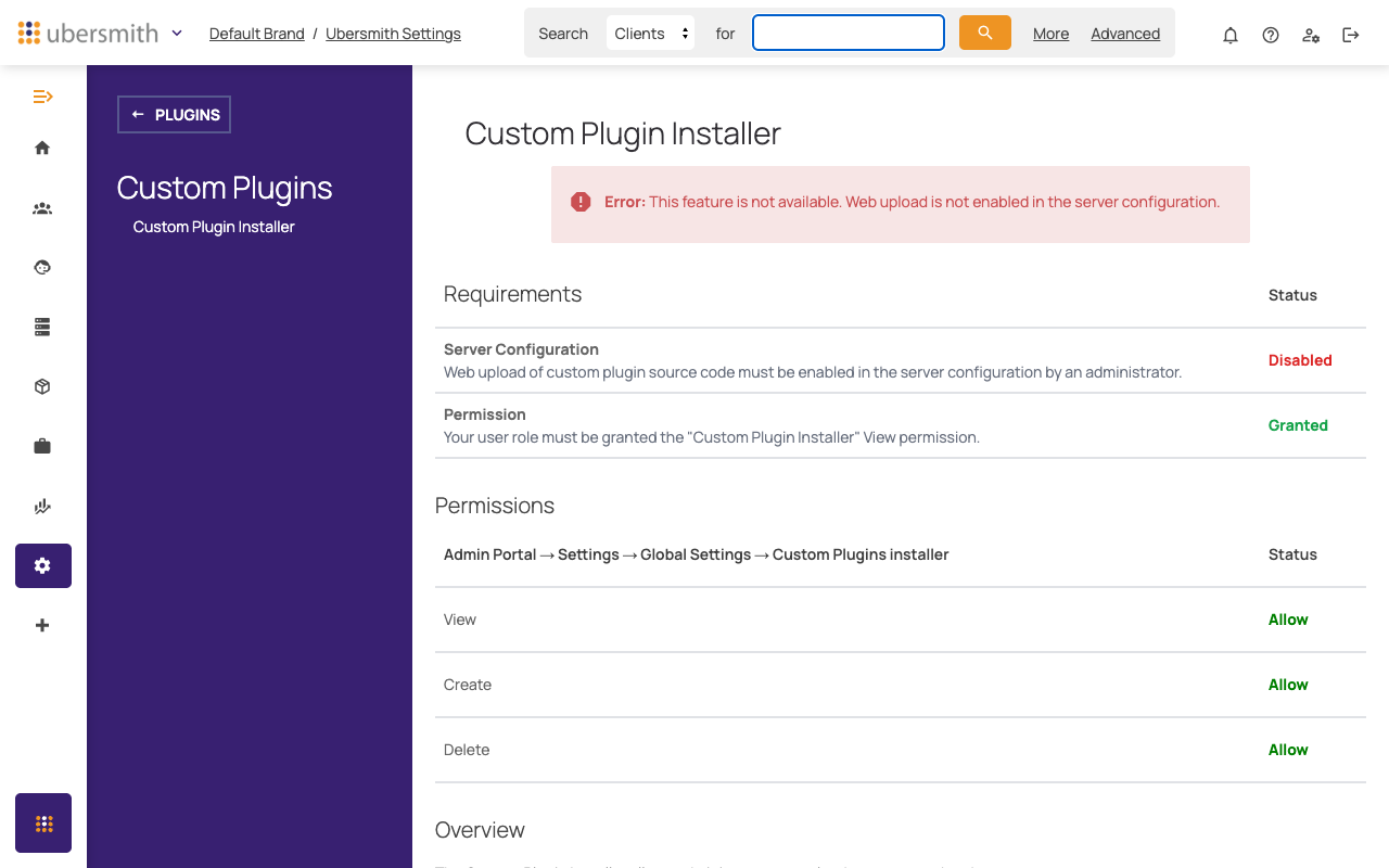 Custom Plugin Installer page with the web upload requirement disabled