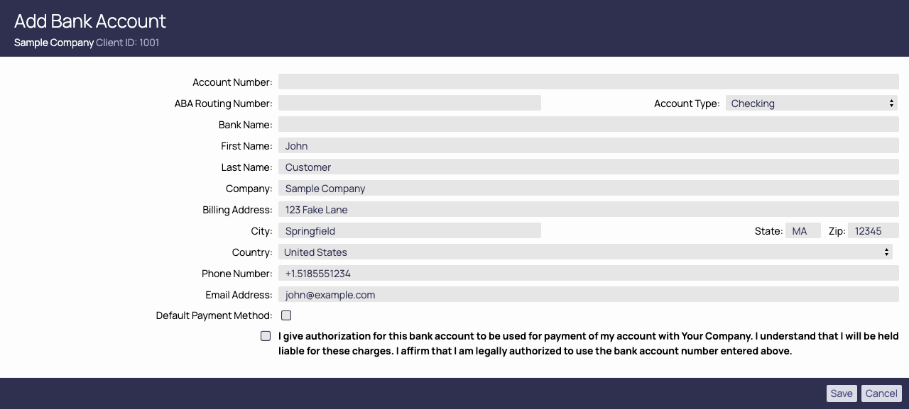 The Add Bank Account popup