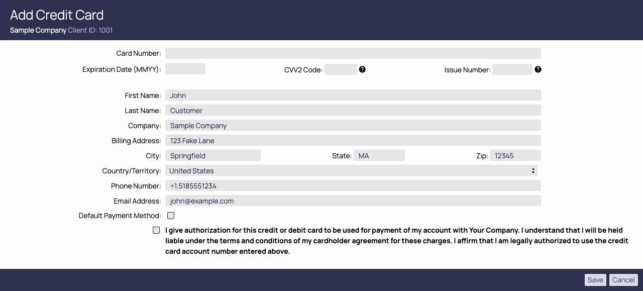 The Add Credit Card popup