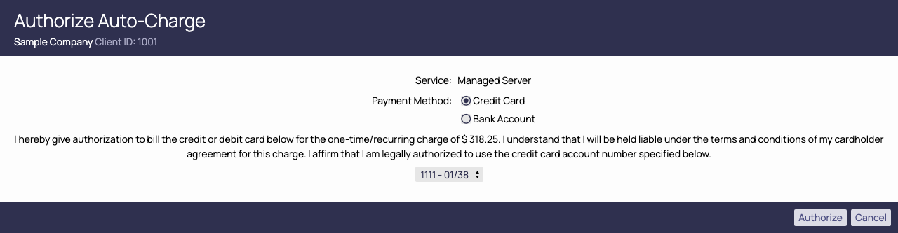 The Authorize Auto-Charge popup for a service