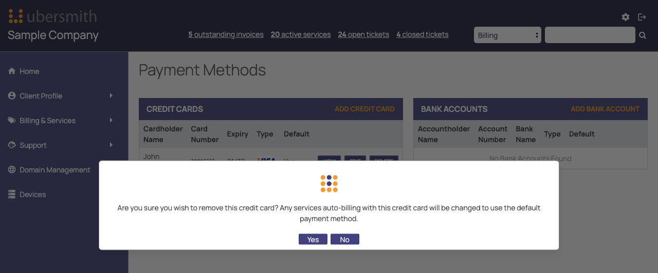 The confirmation message to delete a credit card