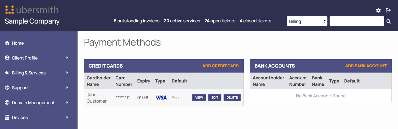 The Payment Methods page in the Client Portal, with one credit card