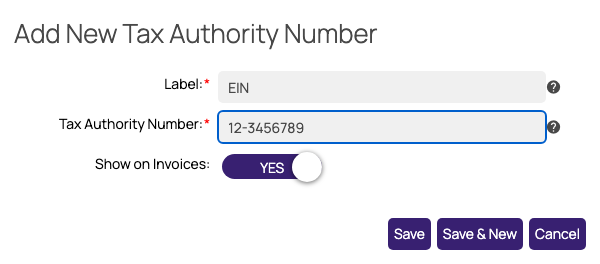 The Add New Tax Authority Number window with example values