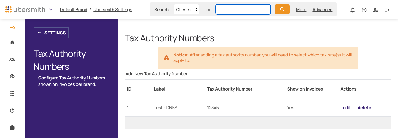 The Tax Authority Numbers page