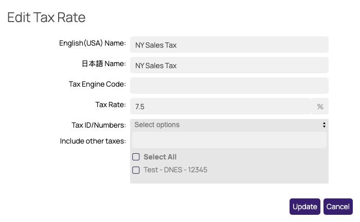 The Tax ID/Numbers field of a tax rate