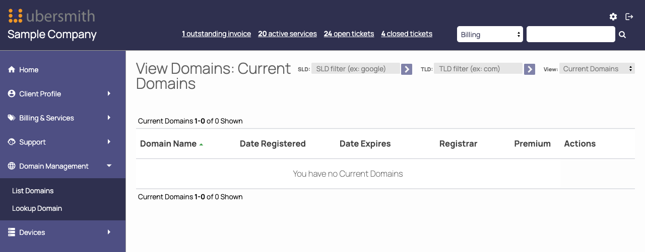 View Domains page