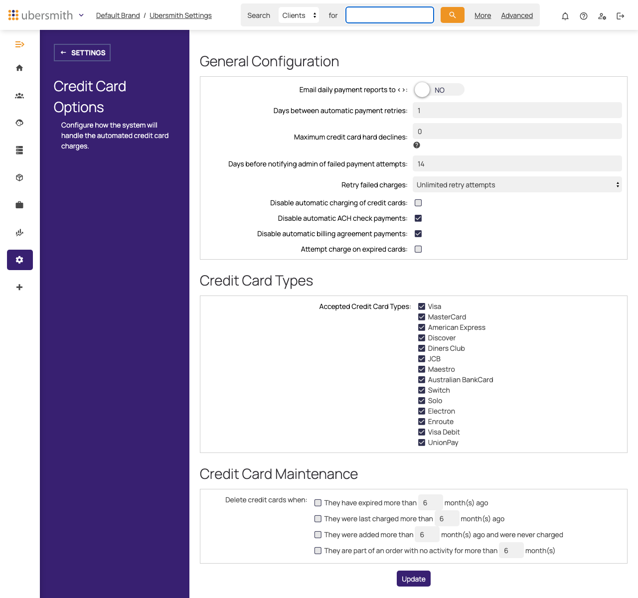 The Credit Card Options page