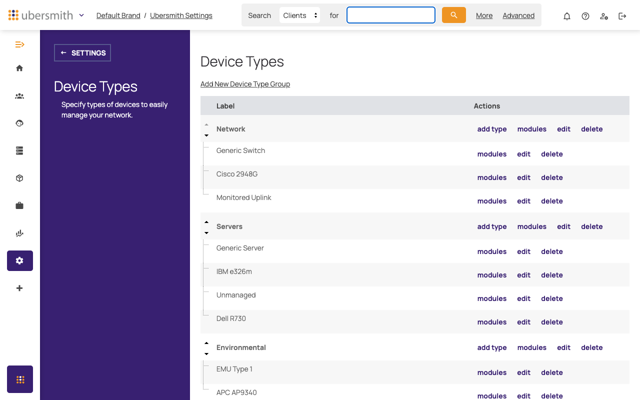 Device Types page listing groups and their device types