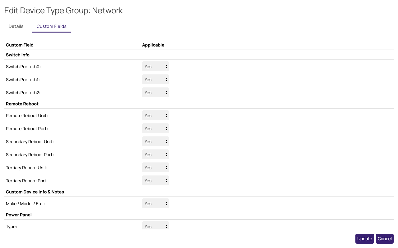 Edit Device Type Group popup, Custom Fields tab