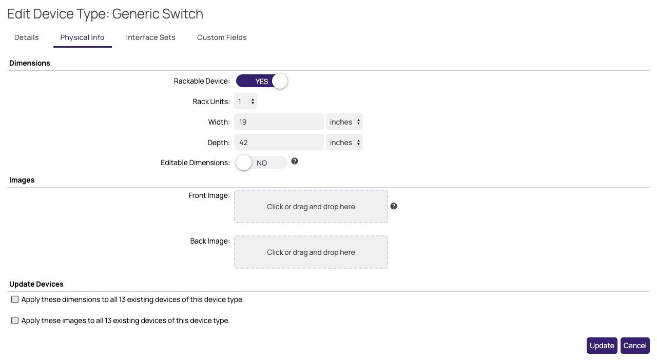Edit Device Type popup, Physical Info tab