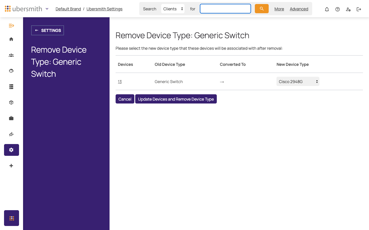 Remove Device Type page requiring devices to be reassigned before deletion