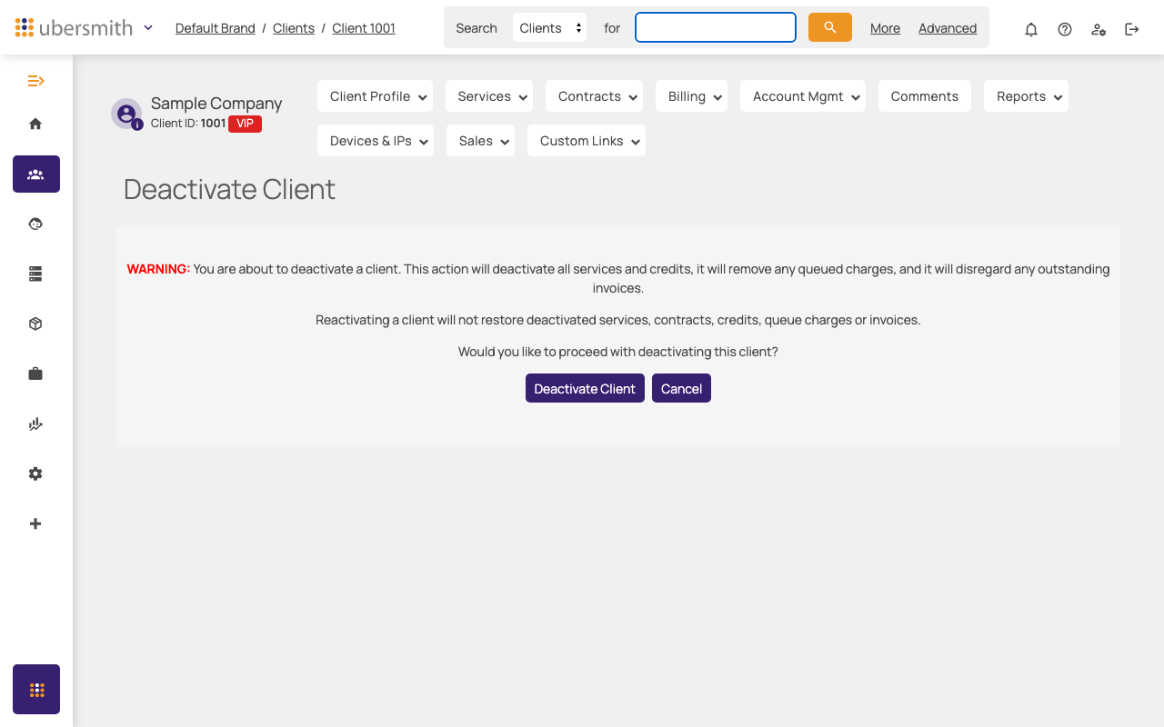 The Deactivate Client page