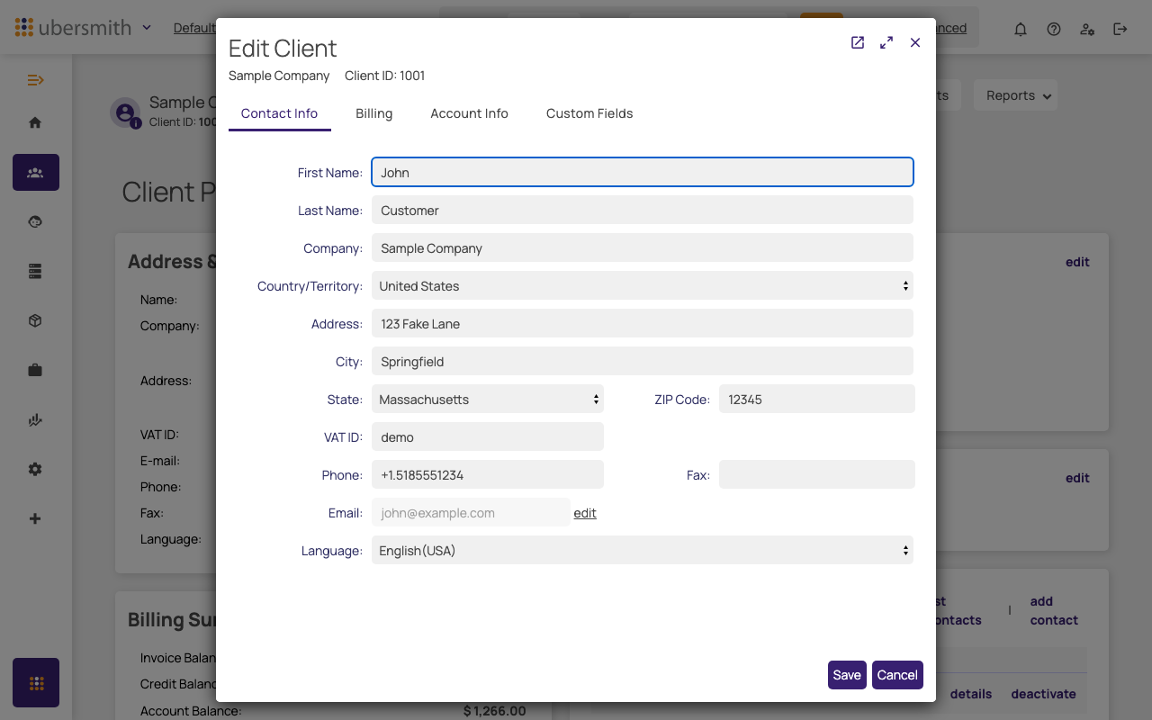 The Contact Info tab of the Edit Client window