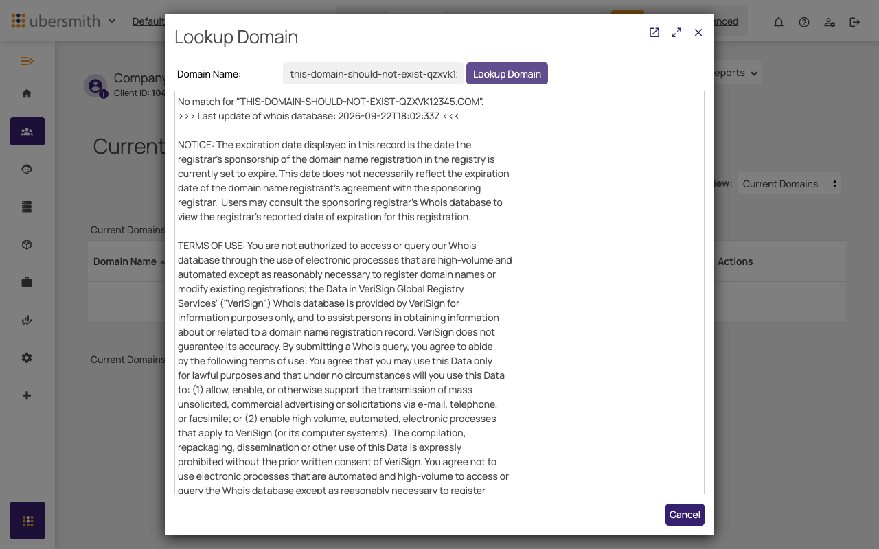 Lookup Domain results for an available domain