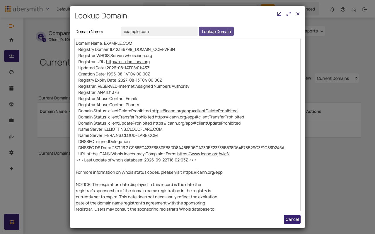 Lookup Domain results for a registered domain