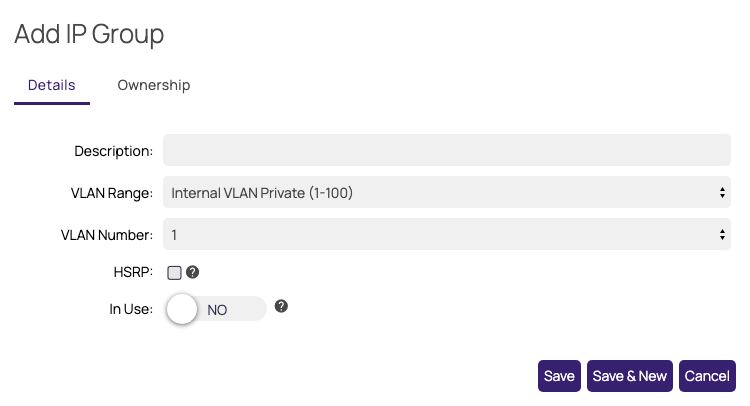 The Add IP Group window with a VLAN range and VLAN number selected