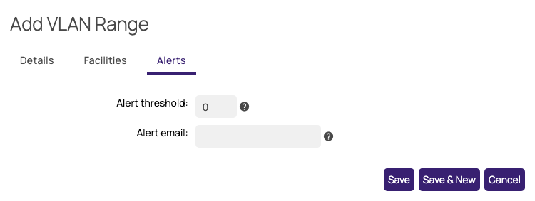 The Alerts tab of the Add VLAN Range window