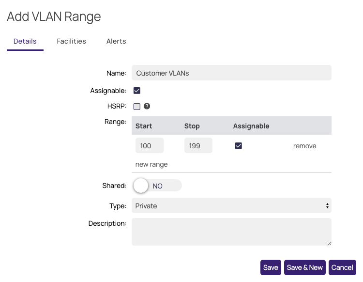 The Details tab of the Add VLAN Range window