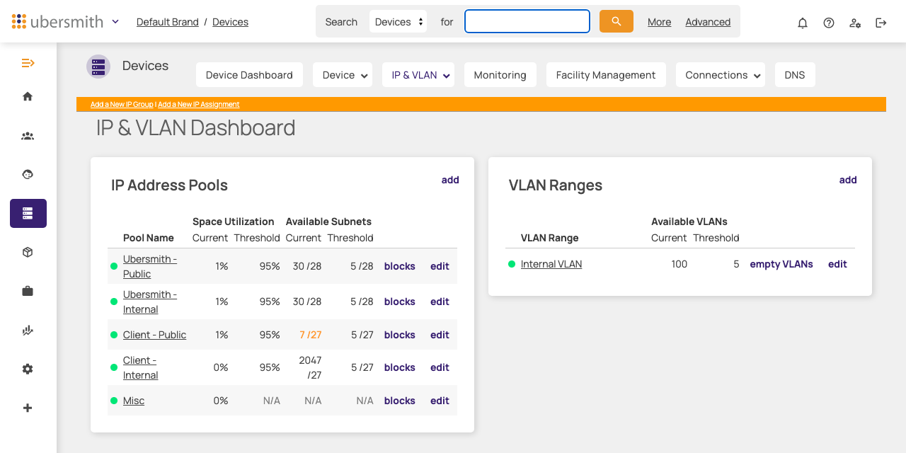 The VLAN Ranges box on the IP & VLAN Dashboard