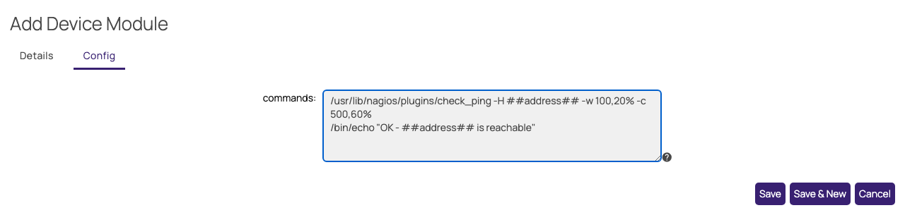 The Config tab of the Add Device Module popup, with two commands