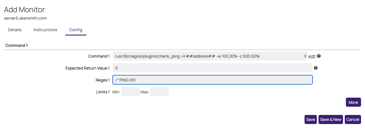 The Config tab of the Add Monitor popup, with a check_ping command, an expected return value of 0, and a regex