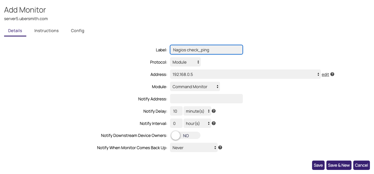 The Details tab of the Add Monitor popup, with the Module protocol and the Command Monitor module