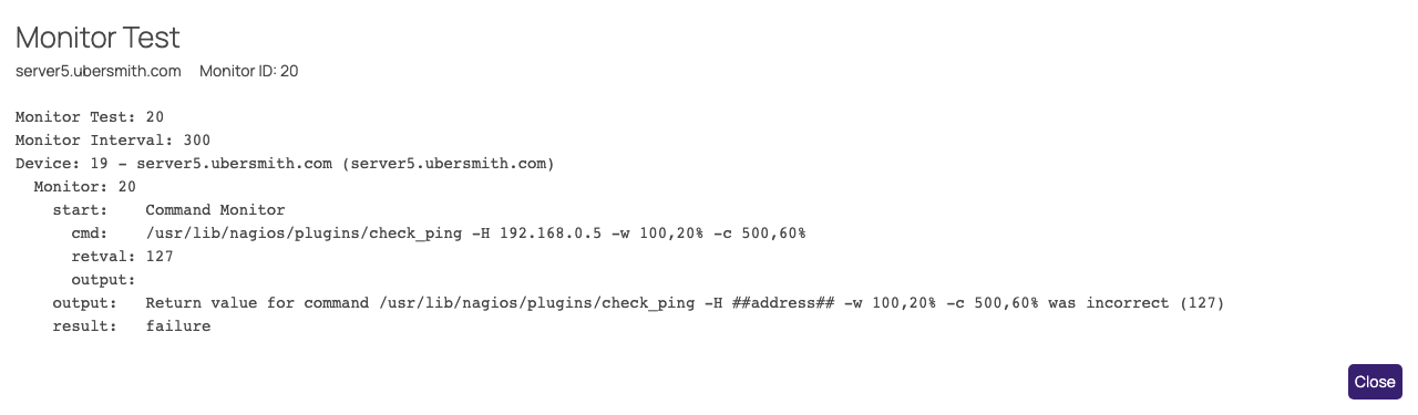 The Monitor Test popup, with a failed check_ping command that returned 127
